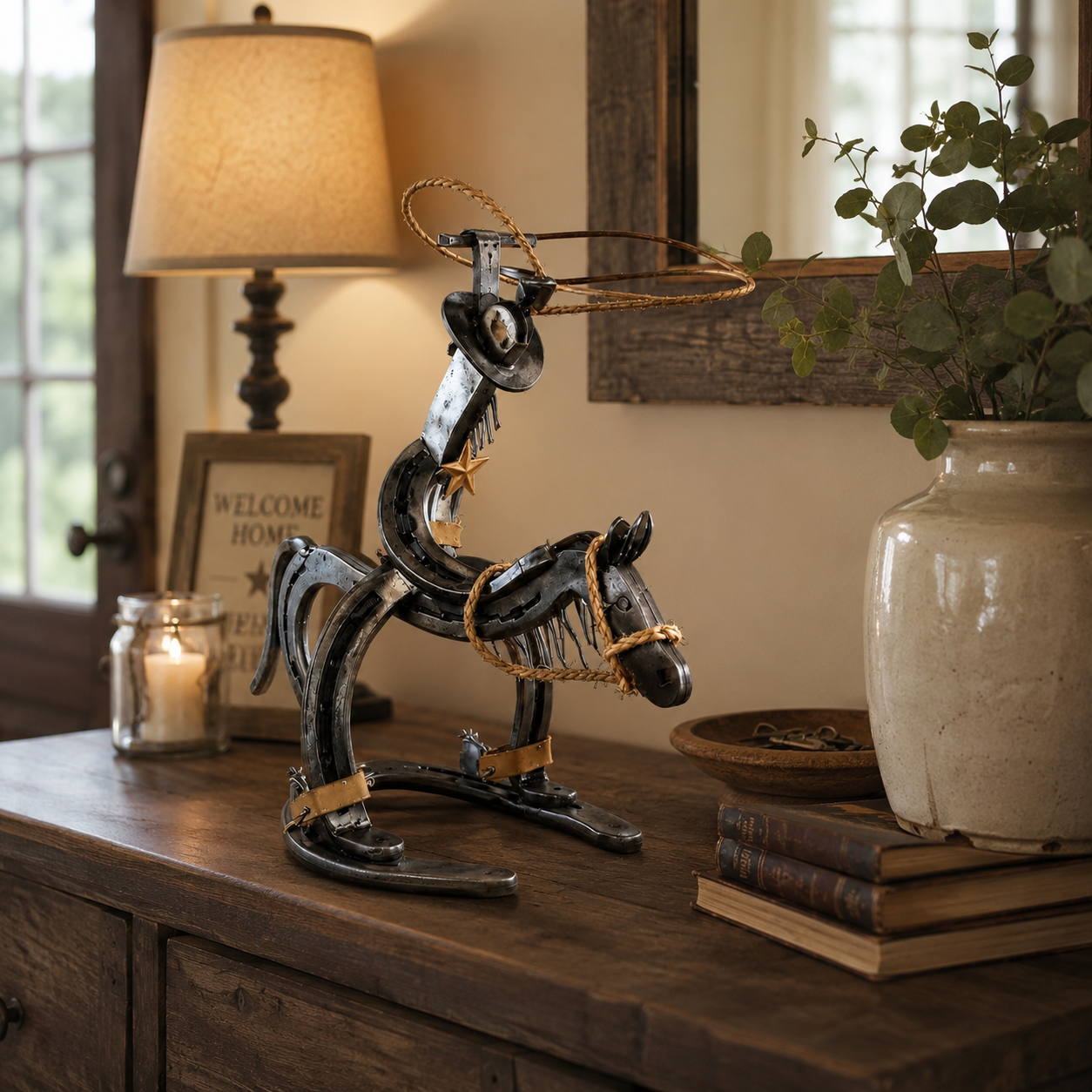 Western Metal Cowboy Riding Horse Sculpture – Rustic Ranch Home & Office Decor