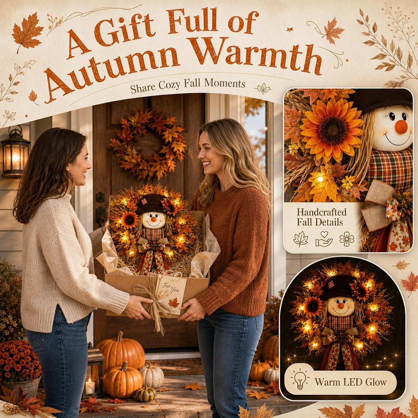 Lighted Scarecrow Fall Wreath – Cozy Autumn Front Door & Thanksgiving Decoration
