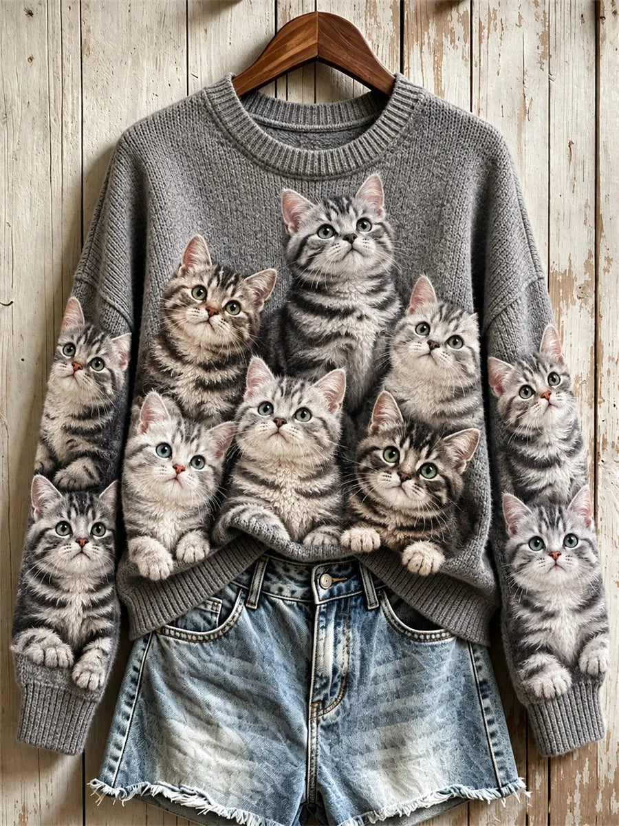 Women's Crowded Fuzzy American Shorthair Cats Print crew neck sweater