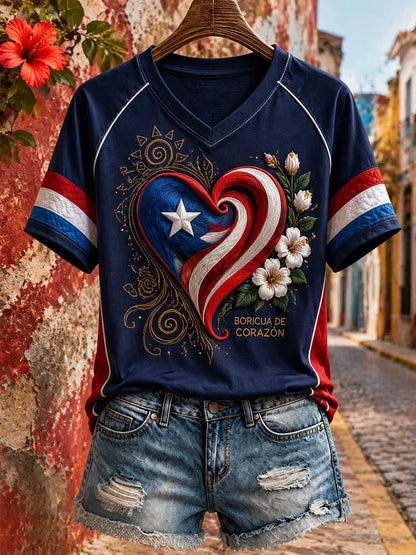 Women's Puerto Rico Floral Boricua Art Printed T-shirt