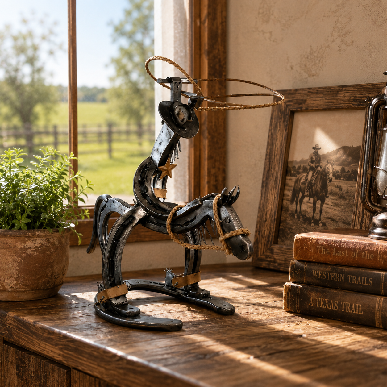 Western Metal Cowboy Riding Horse Sculpture – Rustic Ranch Home & Office Decor
