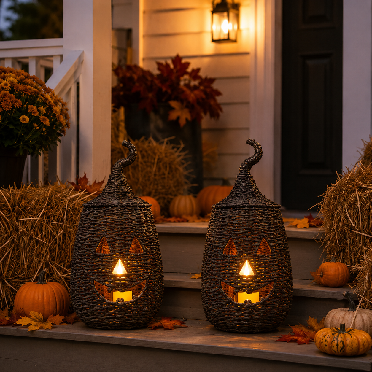 Rustic Wicker Pumpkin Candle Holder - Handwoven Jack-O’-Lantern Halloween Porch Decor