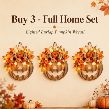 Lighted Burlap Pumpkin Wreath - Farmhouse Fall Halloween Door Decor