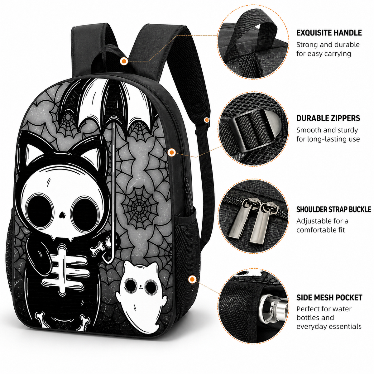 Halloween Gothic Skeleton Cat Backpack Set – 1/2/3PCS Backpack, Crossbody Bag & Pencil Case