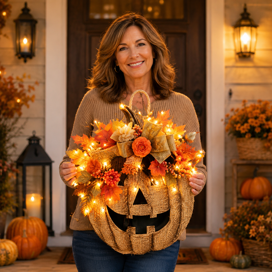 Lighted Burlap Pumpkin Wreath - Farmhouse Fall Halloween Door Decor