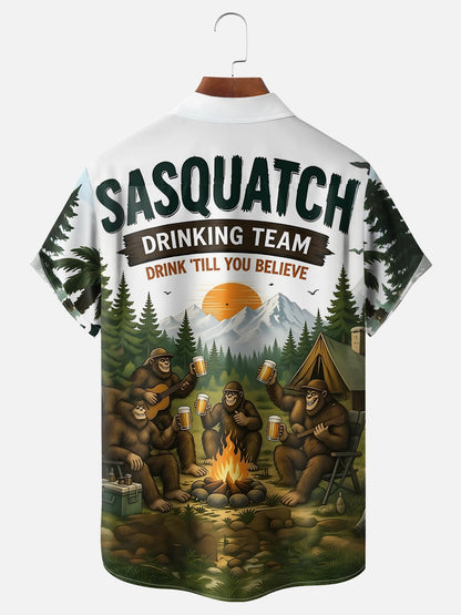 Moisture-Wicking "Camping Bigfoot" Beer Slogan Chest-Pocket Hawaiian Shirt