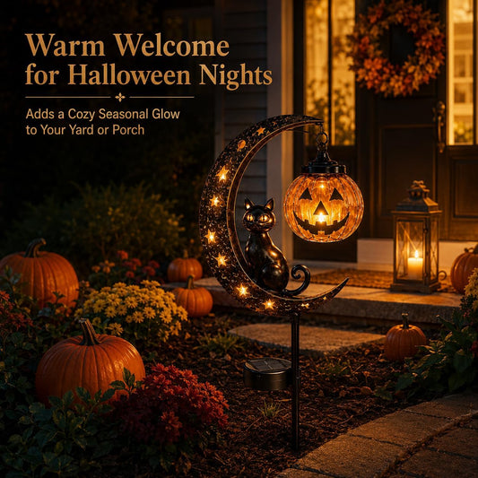 Halloween Solar Garden Stake Light - Black Cat & Pumpkin Moon Outdoor Yard Decor