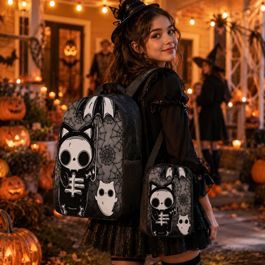 Halloween Gothic Skeleton Cat Backpack Set – 1/2/3PCS Backpack, Crossbody Bag & Pencil Case
