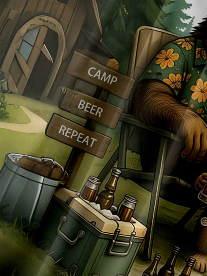 Moisture-Wicking "Camping Bigfoot" Beer Slogan Chest-Pocket Hawaiian Shirt