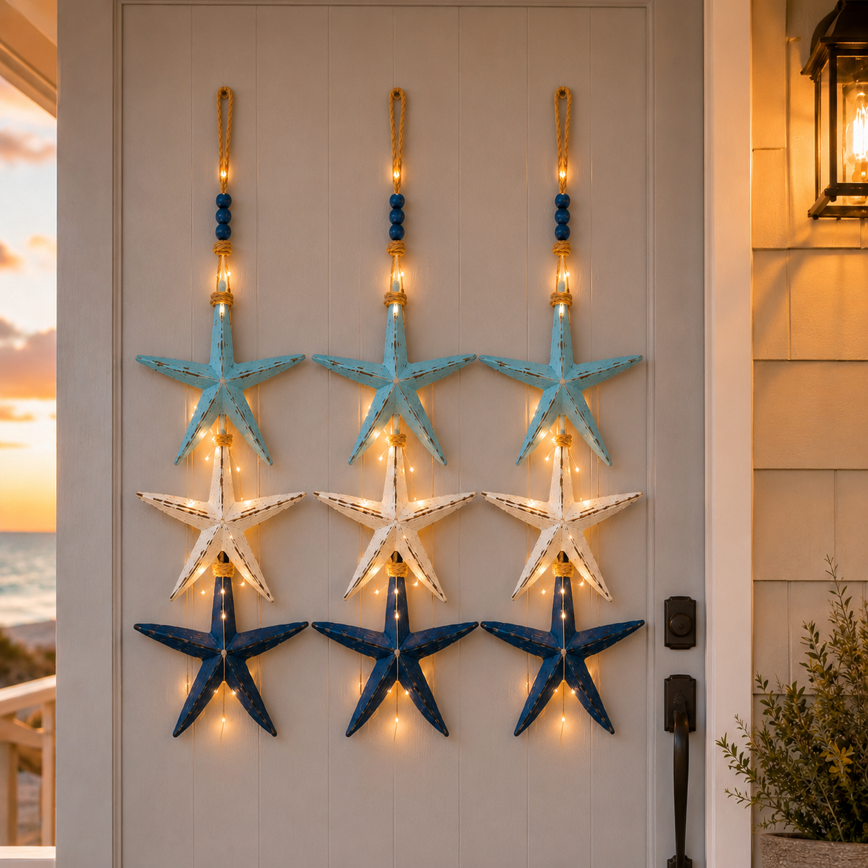 Lighted Coastal Starfish Door Hanger - Nautical Beach House Porch Decor