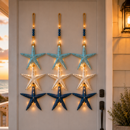 Lighted Coastal Starfish Door Hanger - Nautical Beach House Porch Decor