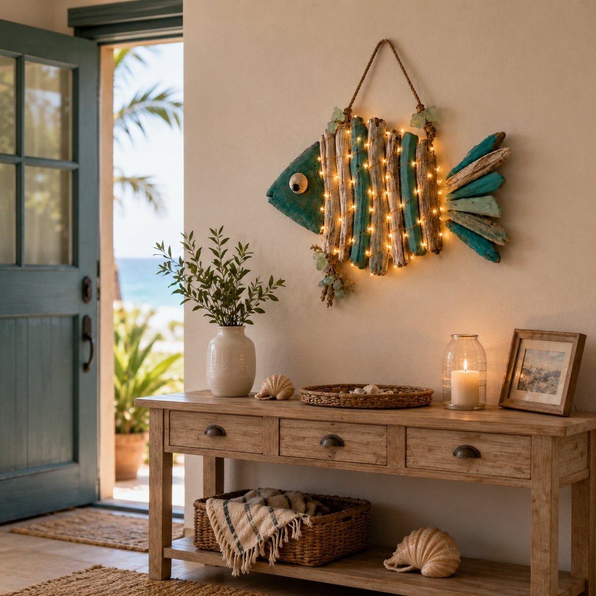 Lighted Coastal Driftwood Fish Wall Decor – Rustic Beach House Hanging Decoration
