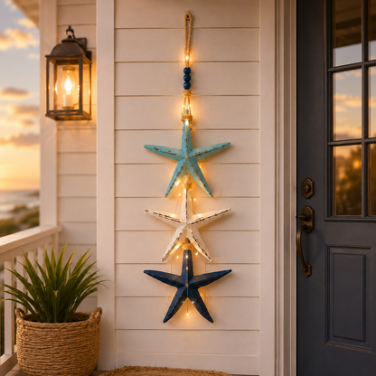 Lighted Coastal Starfish Door Hanger - Nautical Beach House Porch Decor
