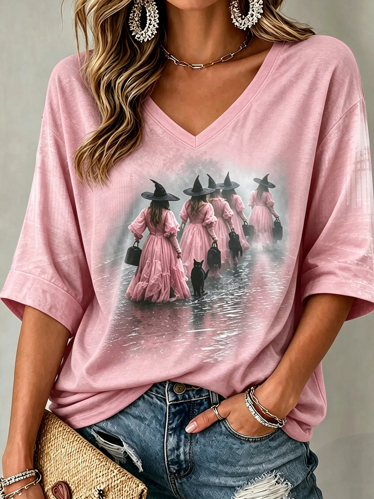 Women's Mysterious Witch and Black Cat Print Top