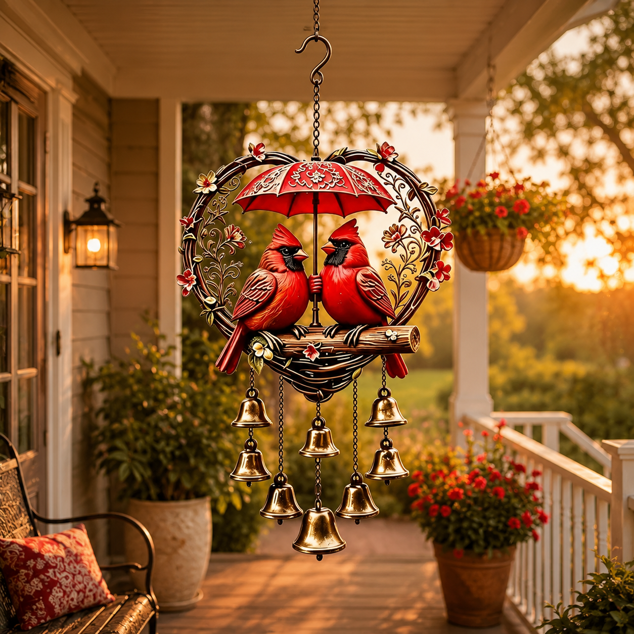 Heart-Shaped Couple Wind Chime – Cardinal & Honeybee Gnome Outdoor Hanging Decor