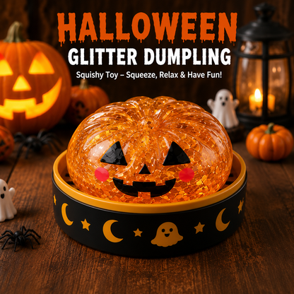 Halloween Glitter Dumpling Squishy Toy - Pumpkin Stress Ball with Spooky Steamer Tray
