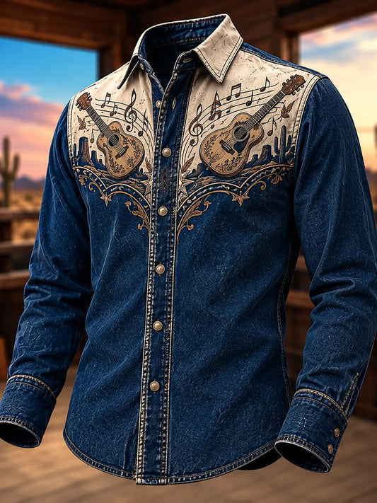 Men's Vintage Western Dual Acoustic Guitars With Treble Clef Notes Print Long Sleeve Shirt