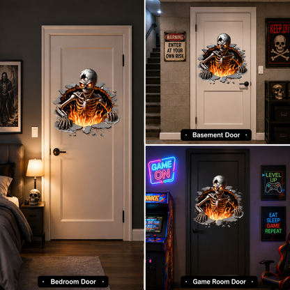 Halloween Skeleton Wall Sticker – 3D Broken Wall Flame Skull Decal for Home, Door & Window Decor