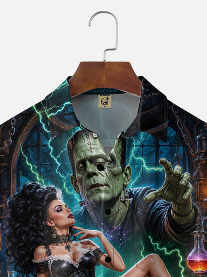 Moisture-Wicking Halloween Pumpkin Skull Frankenstein's Bride Print  Chest Pocket  Hawaiian Shirt
