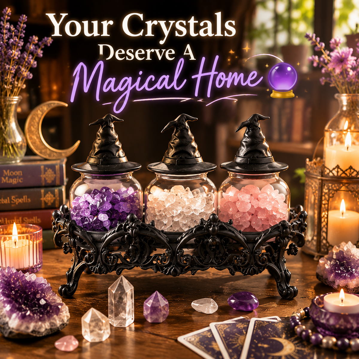 Crystal Apothecary Jar Set with Witch Hat Lids - Gothic Glass Storage Containers for Gemstones, Healing Crystals & Witchy Home Decor