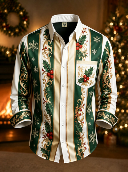 Moisture-Wicking Christmas-Themed Striped Trim and Chest Pocket  Long-Sleeve Casual Shirt