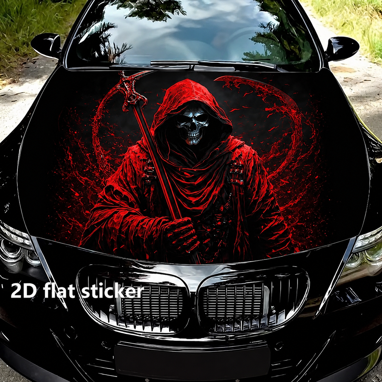 Reusable Halloween Car Hood Cover – 2D Printed Gothic Skull, Grim Reaper & Witch Vehicle Decoration