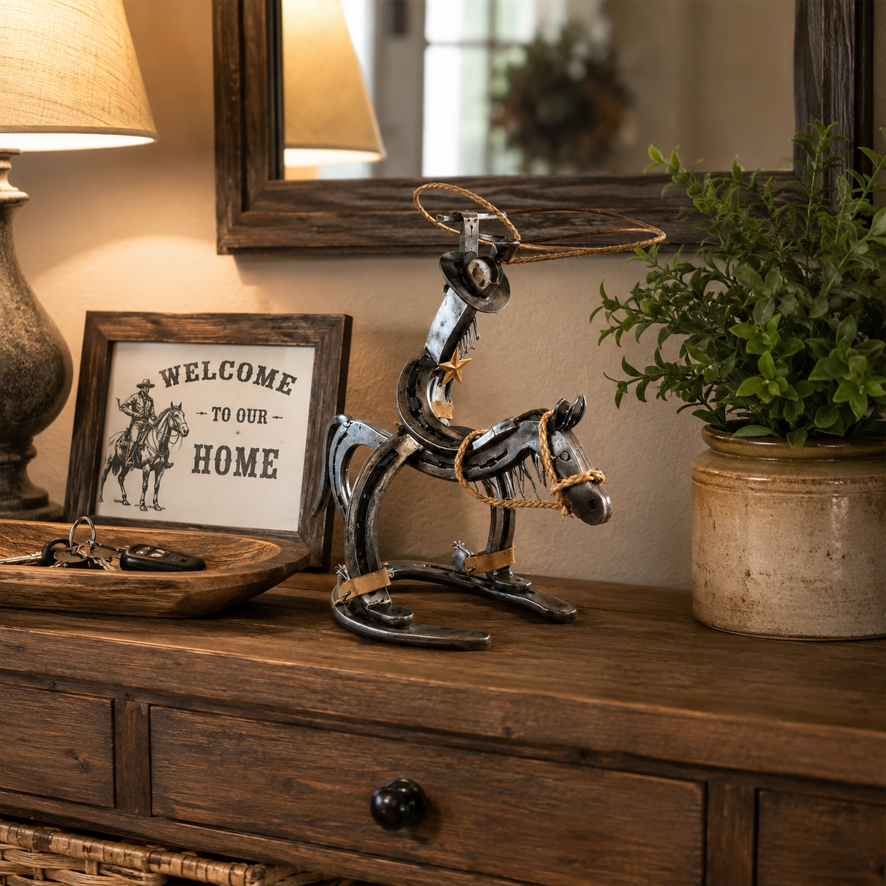 Western Metal Cowboy Riding Horse Sculpture – Rustic Ranch Home & Office Decor