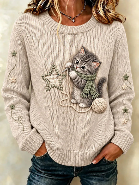Women's Cute Kitten Yarn Ball Graphic Sweater