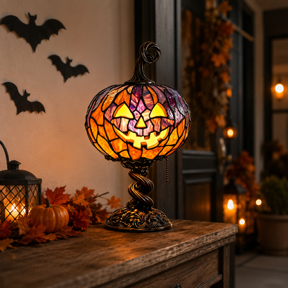 Stained Glass Pumpkin Table Lamp – Vintage Halloween Jack-O’-Lantern Night Light