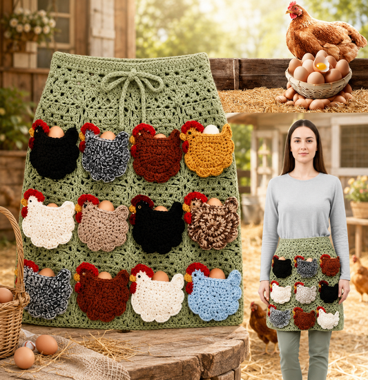 Hand-Crocheted Egg-Gathering Apron (with 12 Egg Pockets) — A Farm-Fresh Egg Collection Apron Designed for Backyard Chicken Keepers