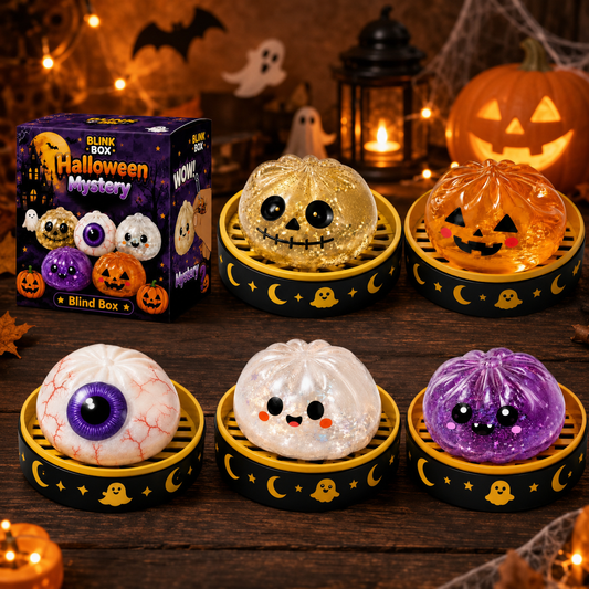 Halloween Glitter Dumpling Squishy Toy - Pumpkin Stress Ball with Spooky Steamer Tray