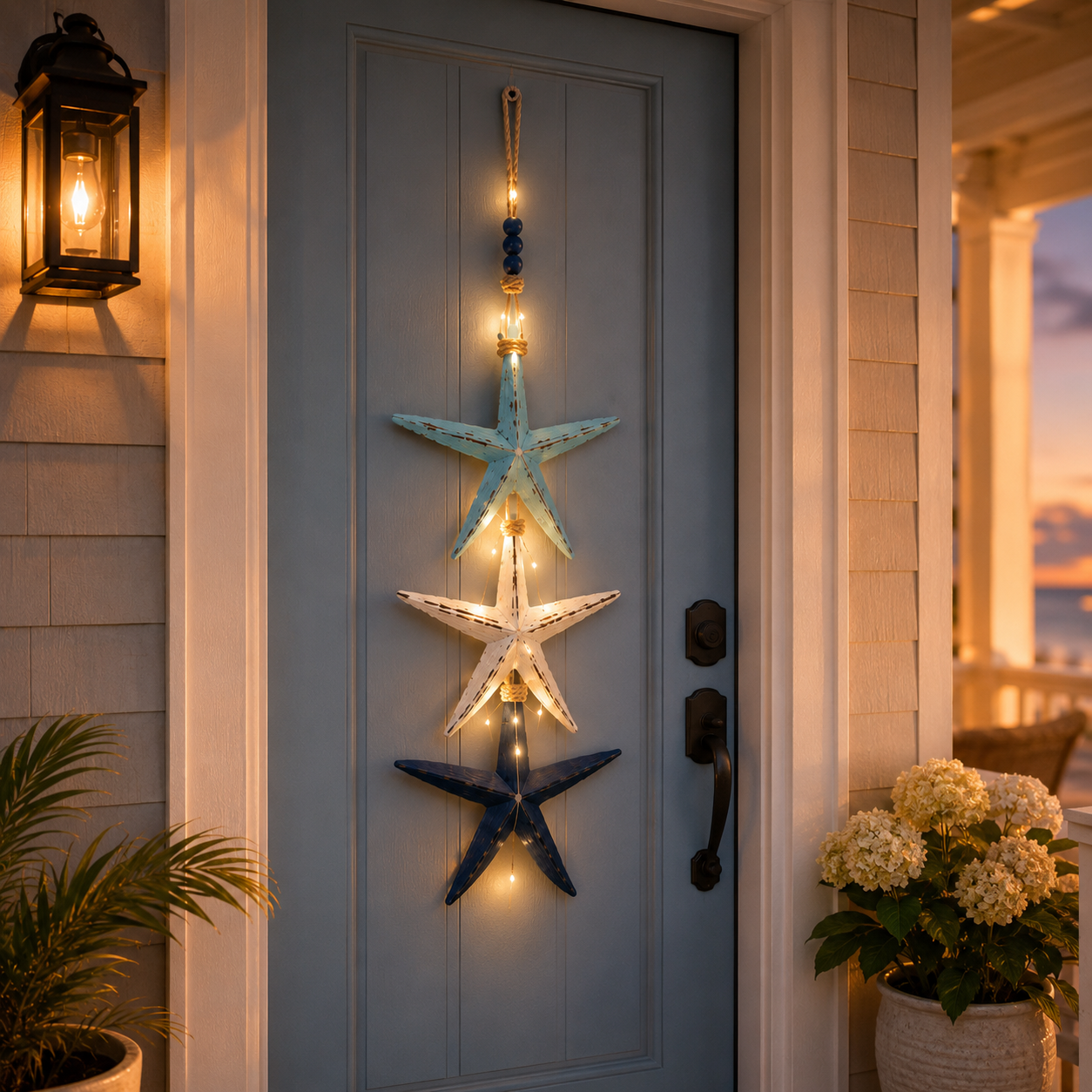 Lighted Coastal Starfish Door Hanger - Nautical Beach House Porch Decor