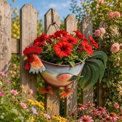 Rustic Farm Animal Metal Fence Planter – Pig, Cow & Rooster Hanging Flower Pot for Garden Decor