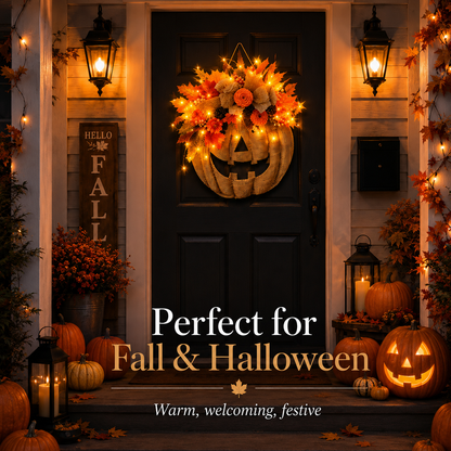 Lighted Burlap Pumpkin Wreath - Farmhouse Fall Halloween Door Decor