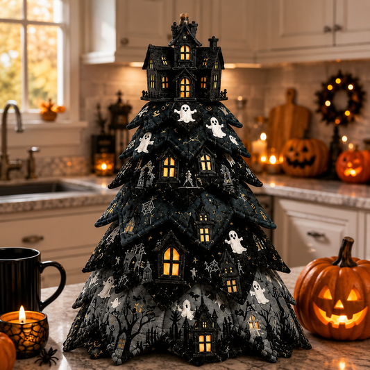 DIY Gothic Halloween Quilted Fabric Tree Kit – Layered Rose & Skull Tabletop Decoration
