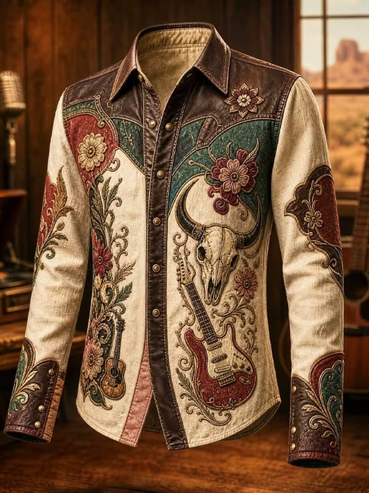 Men's Vintage Western Longhorn Skull Overlaid Electric Guitar Floral Print Long Sleeve Shirt