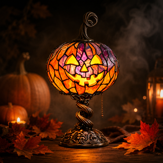 Stained Glass Pumpkin Table Lamp – Vintage Halloween Jack-O’-Lantern Night Light