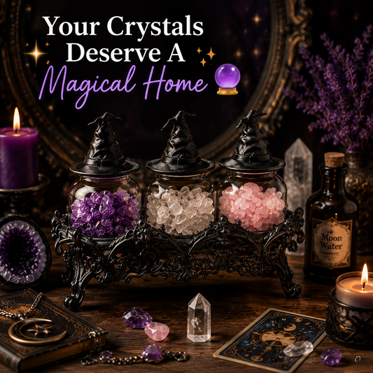 Crystal Apothecary Jar Set with Witch Hat Lids - Gothic Glass Storage Containers for Gemstones, Healing Crystals & Witchy Home Decor