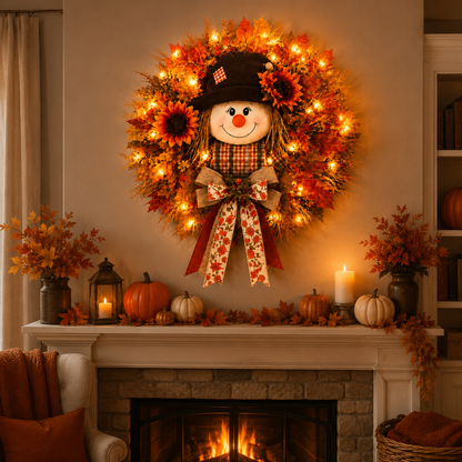 Lighted Scarecrow Fall Wreath – Cozy Autumn Front Door & Thanksgiving Decoration