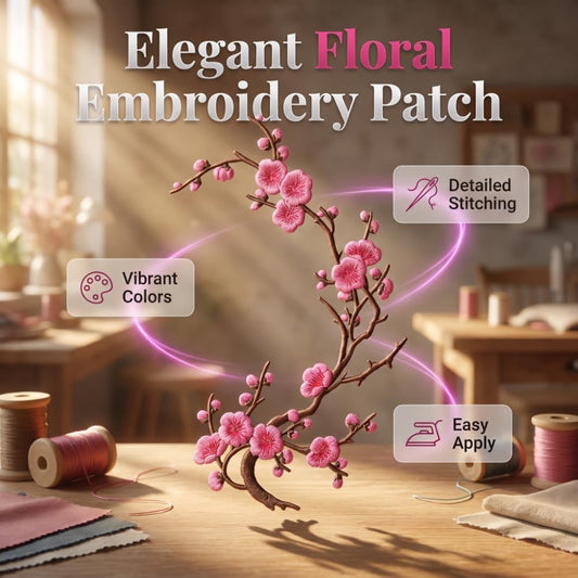 Cherry Blossom Embroidered Patch – Floral Iron-On Decoration for T-Shirts, Jackets & Bags