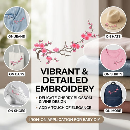 Cherry Blossom Embroidered Patch – Floral Iron-On Decoration for T-Shirts, Jackets & Bags