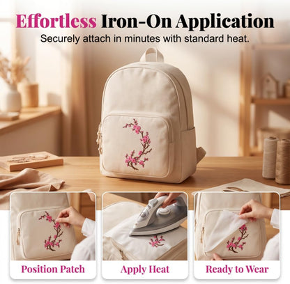 Cherry Blossom Embroidered Patch – Floral Iron-On Decoration for T-Shirts, Jackets & Bags