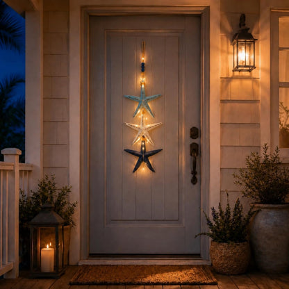 Lighted Coastal Starfish Door Hanger - Nautical Beach House Porch Decor