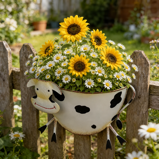 Rustic Farm Animal Metal Fence Planter – Pig, Cow & Rooster Hanging Flower Pot for Garden Decor