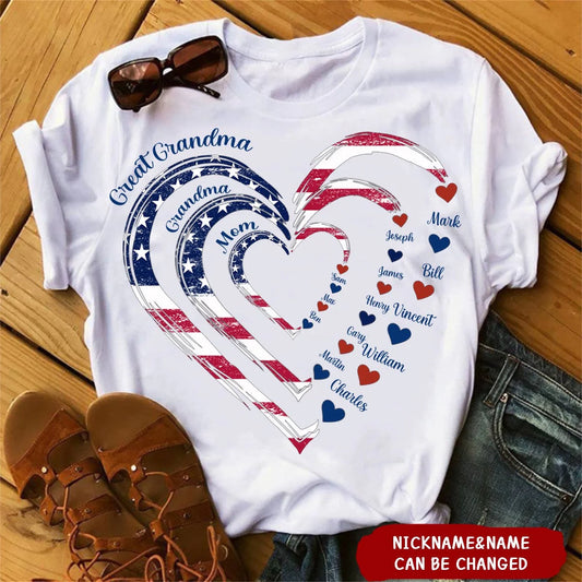 Custom T-Shirt - Personalized Grandma Mom Heart Shirt With Kids Names Patriotic Family Gift