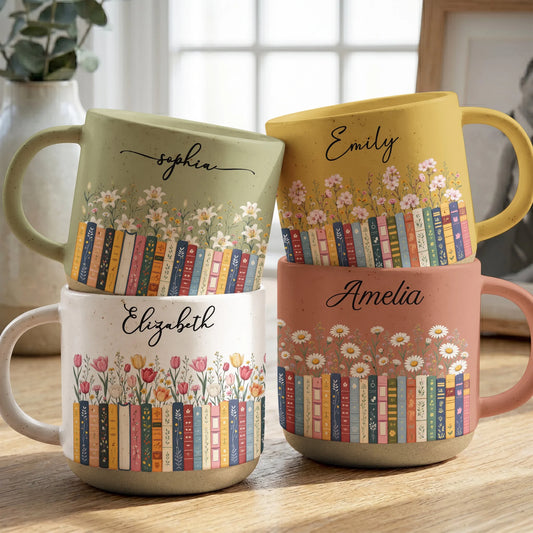 Custom Name & Birth Flower Mug - Personalized Birthday Gifts For Book Lovers, Readers & Book Club Friends - A Cup Full Of Stories