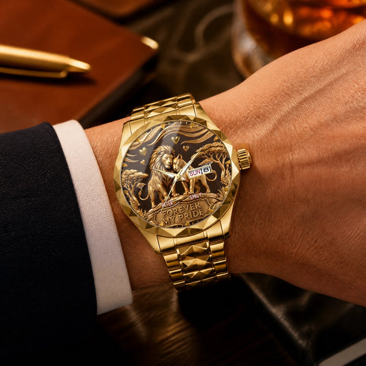 Custom Watch - Personalized Golden Lion Couple Gifts For Husband, Wife - Forever My Pride