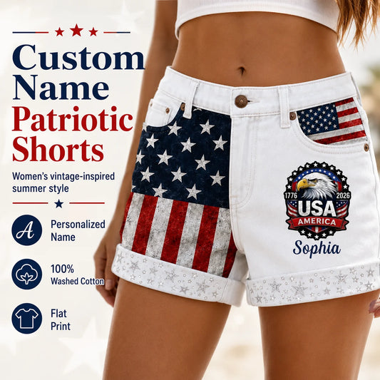 Custom American Flag Cargo Shorts - Personalized Name Patriotic Gift For Her