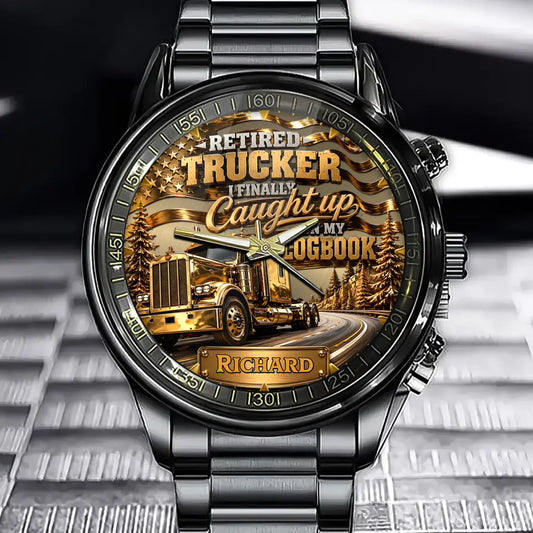 Custom Retired Trucker Watch - Personalized Name Retirement Gift For Truck Drivers