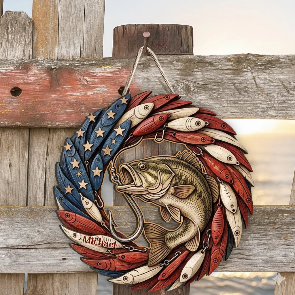 Custom Fishing Wooden Sign - Personalized Gifts For Bass Anglers, Dad & Grandpa - USA 250 Years Of Freedom